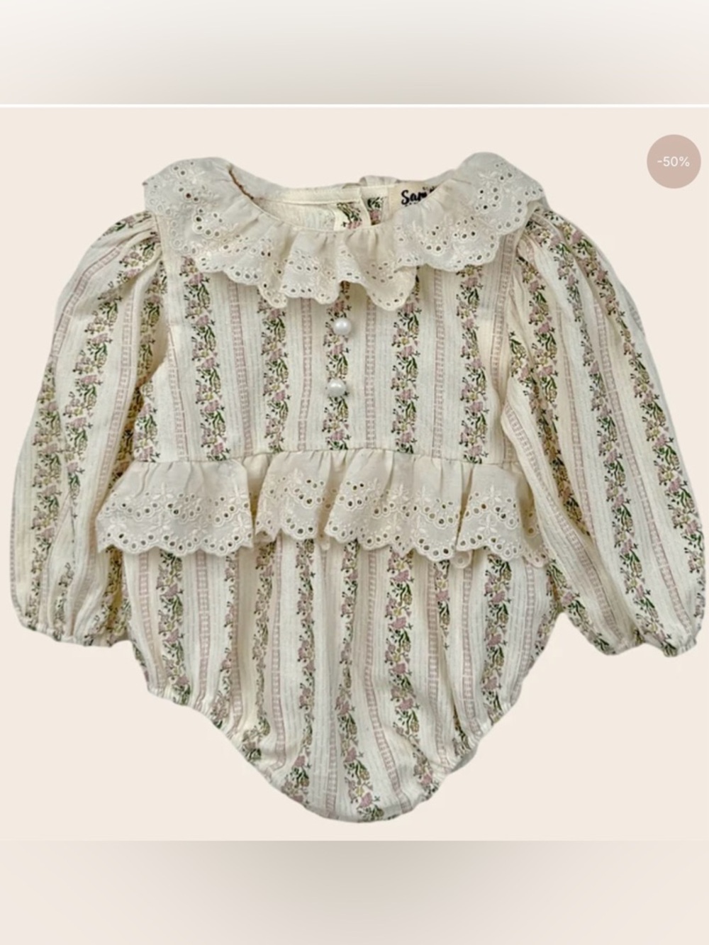 Sam & Loulette Paris Victoria Baby Romper Cream Pink Bubble Long Sleeve 18M